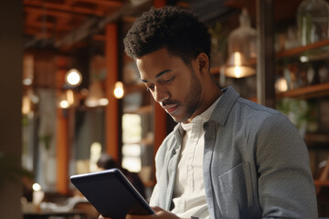 Fototapeta premium Black man studying online on tablet Atmosphere of concentration in studying feel enthusiastic 