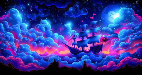 A whimsical digital art of a pirate ship navigating through pink and blue fluffy clouds under a starry night sky with a large moon