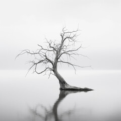 Winter's Serene Tranquility: Photorealistic Minimalist Illustrations Depicting Solitary Trees Reflecting in Calm Waters - Serene Landscape Art, Mindful Home Decor, Tranquil Meditation Imagery