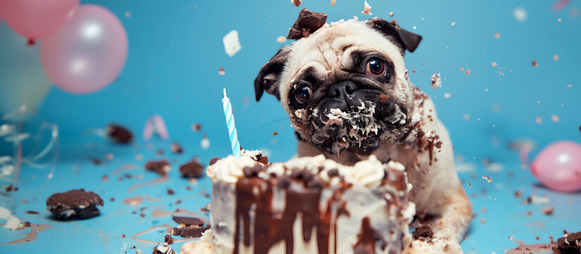 Creative food animal template. A greedy pug covered in frosting cream eating a messy huge birthday chocolate vanilla cake in pastel blue background. magazine, banner, advertisement. copy text space - Powered by Adobe