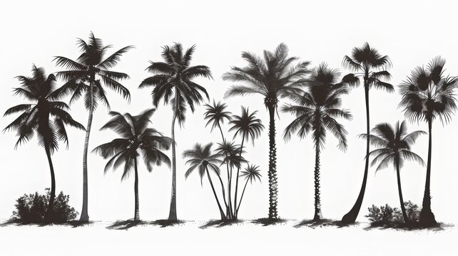 Vector image of silhouettes of palm trees, coconut trees. Black and white illustration.