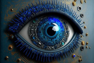 the blue eye with a long lashes is surrounded by microchipped wires