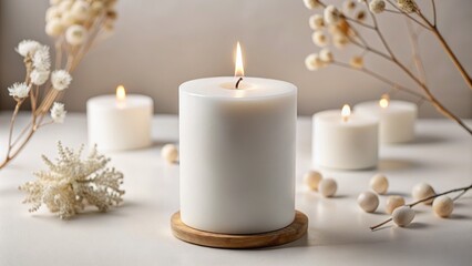 Fototapeta na wymiar Composition of white burning candles in Scandinavian style, delicate pastel shades.