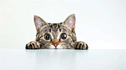 the cat peeks out from behind the edge with its eyes on a clean white background.