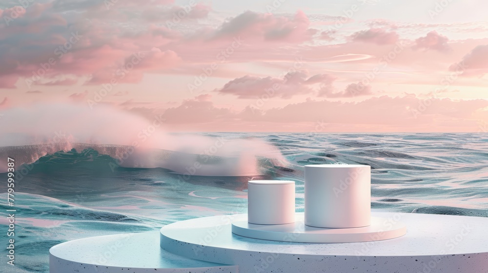 Poster A natural beauty podium backdrop with a cylinder box is used to display cosmetic products. Abstract 3D scene composition background with seascape, for example......