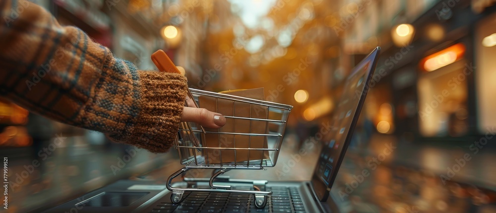Poster Hand pushing computer and smart phone with modern UI symbolizing online shopping.