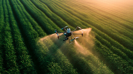 Drone sprayer flies over the agricultural field