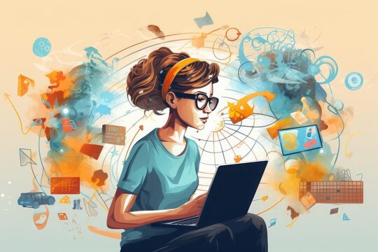 The illustration shows a person learning new skills using the internet or books. The importance of continuous learning and development to maintain brain health.