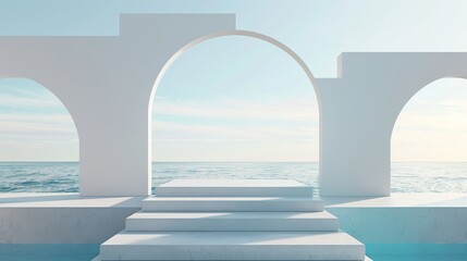 Scene with geometrical forms and a podium set against a minimal landscape background. Sea view. 3D render.