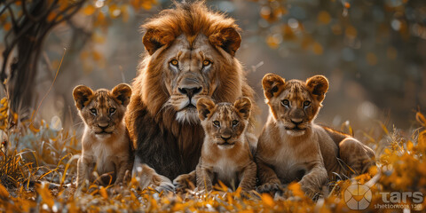 A lion family with the male in front of them, surrounded cubs and their teeth. Created with Ai - obrazy, fototapety, plakaty