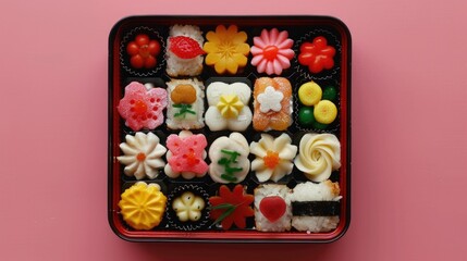Assorted desserts box with spring flowers. Gourmet patisserie sampler for Easter celebration