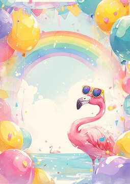 Kids Frame A colorful rainbow with a flamingo wearing sunglasses in the middle. The flamingo is wearing sunglasses and he is enjoying the sunny day