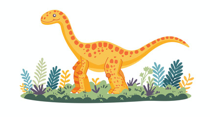Funny spotted diplodocus walks in the grass. Cute din - obrazy, fototapety, plakaty