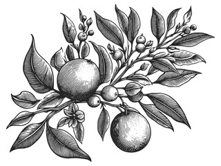 Naklejka premium Orange tree citrus branch, featuring ripe fruits, blossoms, and leaves, in an engraved style sketch engraving generative ai raster illustration. Scratch board imitation. Black and white image.