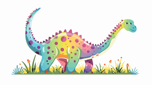 Funny spotted diplodocus walks in the grass. Cute din