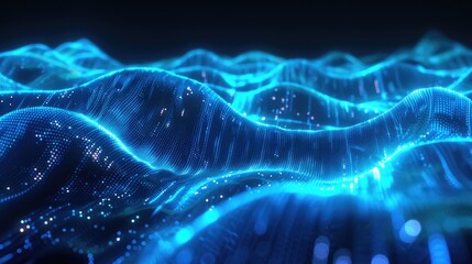 Abstract digital blue wave with glowing particles.