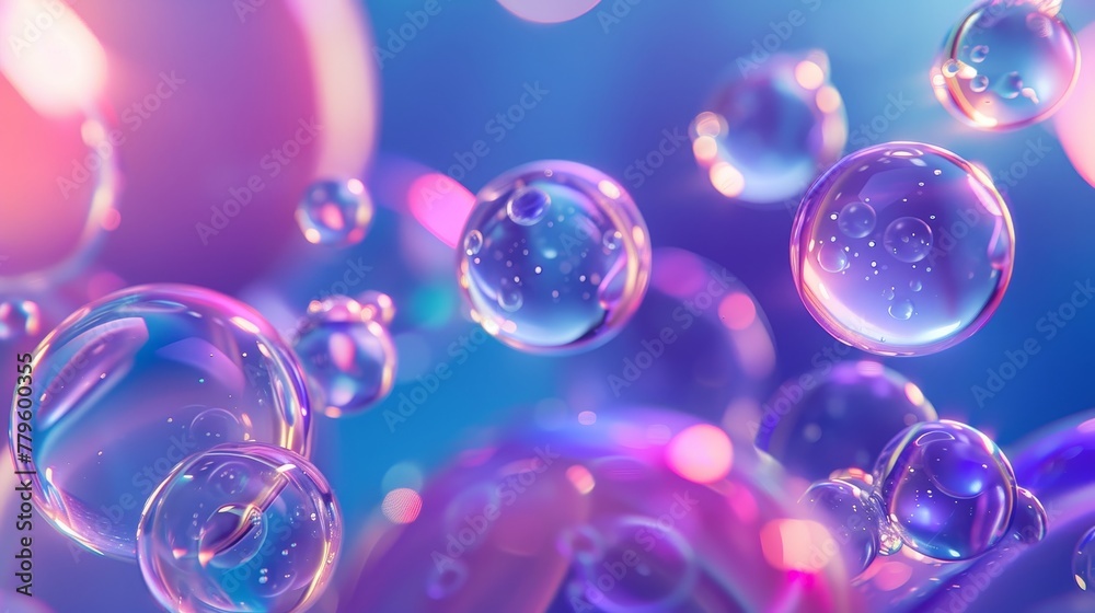 Poster background with holographic floating liquid blobs, soap bubbles, and metaballs.