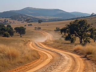 A dirt road winds through a dry, dusty plain. The road is lined with trees and the sky is clear