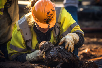 Worker aiding a bird affected by oil contamination.