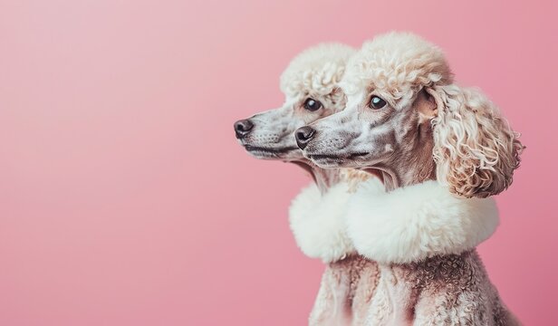 Elegant apricot poodles with fluffy fur on pink background