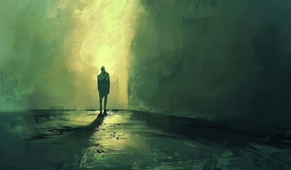 Mysterious silhouette walking in a misty urban scene