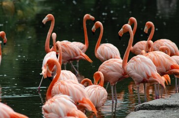Large flock of beautiful exotic pink flamingos on lake in tropical park
