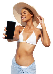 Summer beach holiday a woman showing screen of mobile phone she's wearing a bikini and sun hat, isolated on a white background. Concept for online shopping or sea vacation travel resort bookings