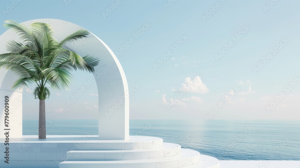 Poster Scene with geometrical forms, arch with podium in natural daylight. Landscape background with minimal forms. Summer scene with palm tree. Render background.