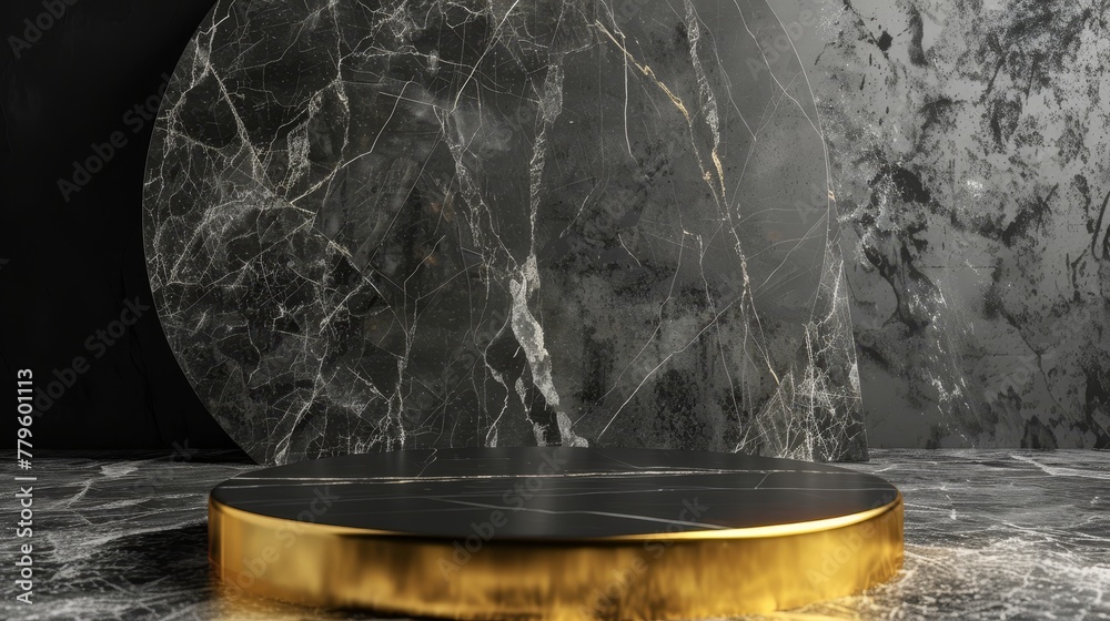 Poster Backdrop for luxury product display. Black, marble, and gold minimalist backdrop. 3d rendering.