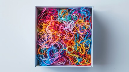 Top view of a box filled with colorful threads in 3D, their arrangement forming a mesmerizing pattern on a white background