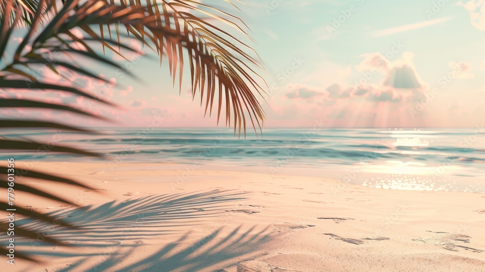 Aufkleber summer beach backdrop with palm tree shadow, abstract 3d scene. view of the sea.