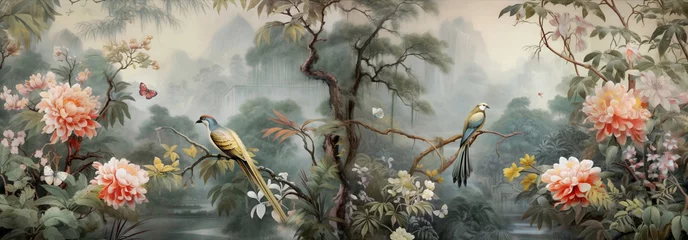 Crédence de cuisine en verre imprimé Papillons en grunge watercolor painting of a forest landscape with birds, butterflies and trees, in colors vintage consistent style