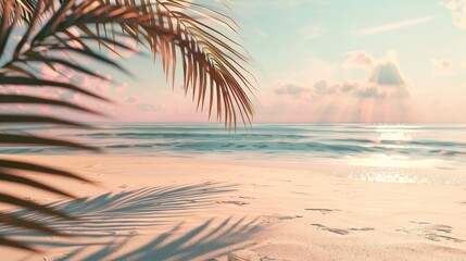 Fototapeta premium Summer beach backdrop with palm tree shadow, abstract 3D scene. View of the sea.
