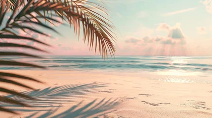 Fotobehang Summer beach backdrop with palm tree shadow, abstract 3D scene. View of the sea. © Zaleman