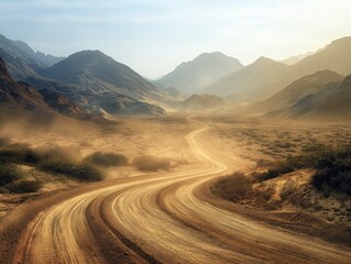 Fototapeta premium A dirt road winds through a desert with mountains in the background. The road is dusty and the sky is cloudy