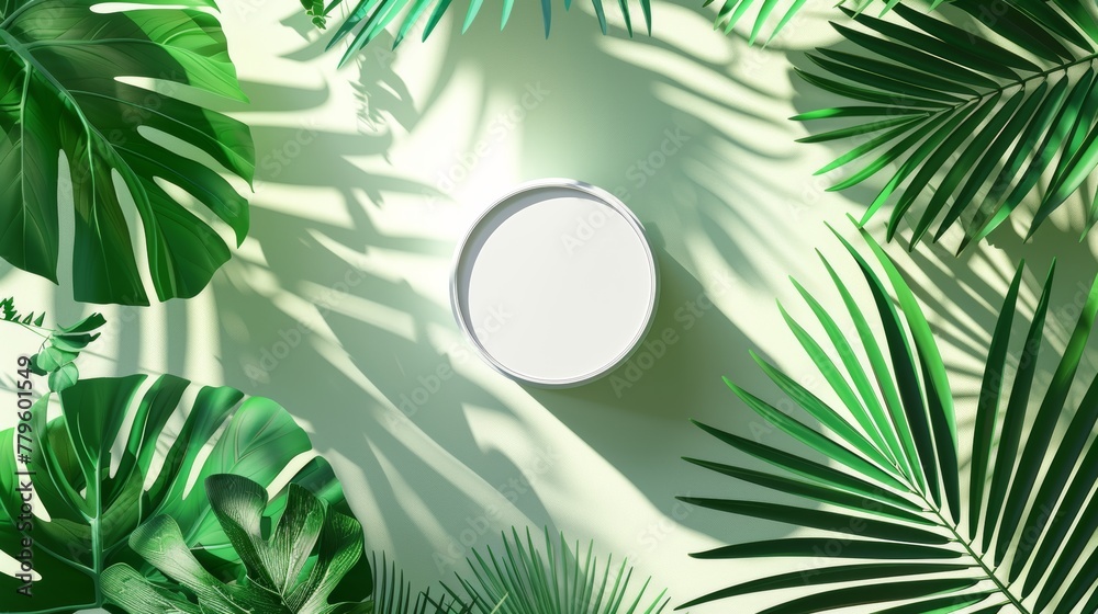 Poster empty white cylinder box on tropical palm leaves background for cosmetic product display. flat lay. 