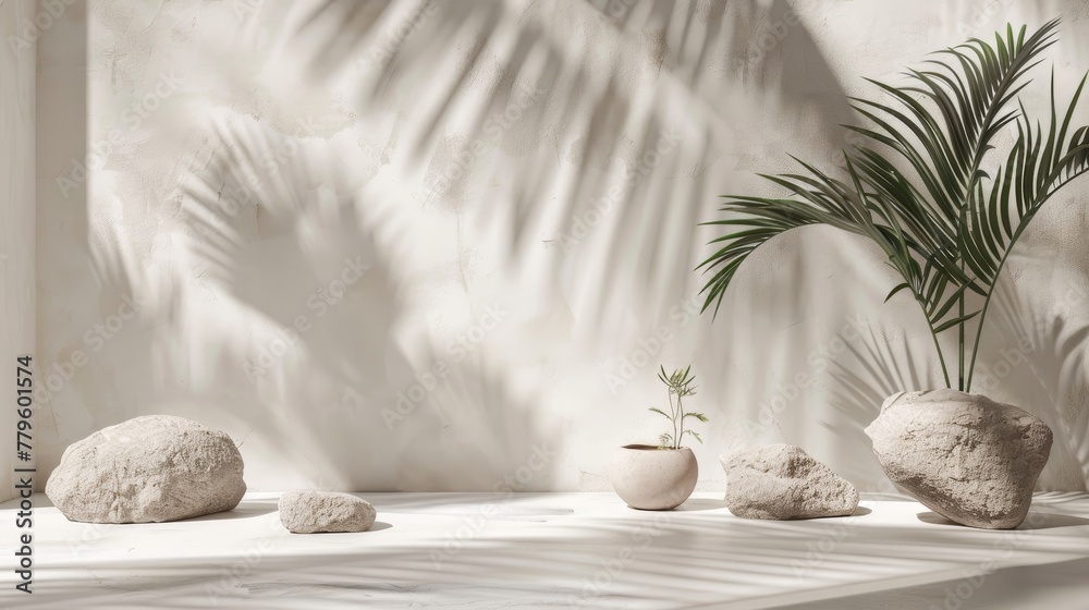 Aufkleber Backdrop with Stone texture and tropical palm leaves shadow for cosmetic product display. 3D rendering.