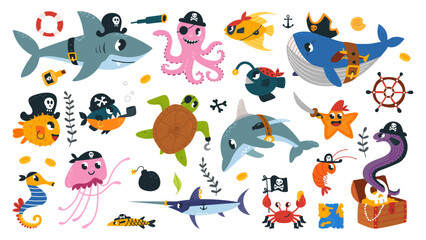 Sea animals pirates. Underwater adventures characters with pirate elements. Funny shark and octopus, jellyfish and seahorse, classy vector set