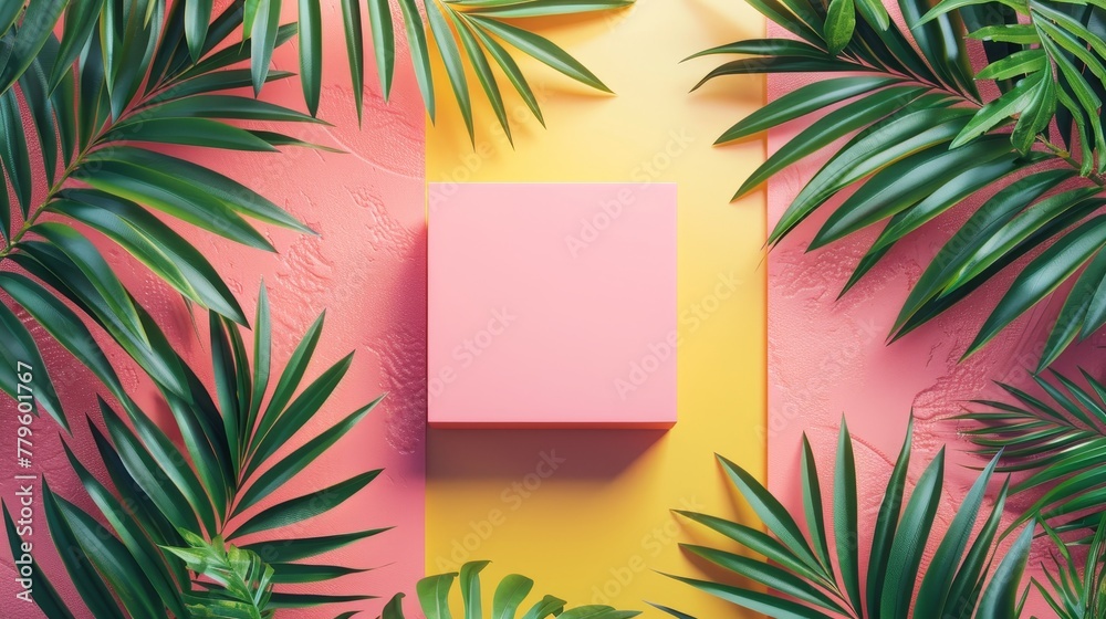Aufkleber for cosmetic product display on a summer vivid color background with tropical palm leaves. flat lay.