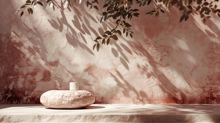 Stone texture and tree leaves shadow for natural beauty poduim backdrops. 3D rendering.