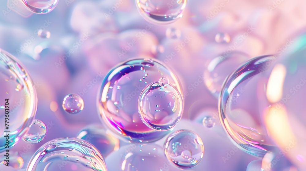 Leinwandbilder Floating liquid blobs of holographic pastel pastel, soap bubbles, and metaballs on an abstract 3D art background.