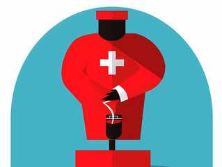 A stylized illustration presenting a healthcare professional in a red uniform with a medical cross, denoting health, care, and authority in medicine