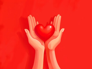 This vibrant illustration depicts caring hands gently holding a red heart, symbolizing love, health, and generosity The illustration showcases themes of compassion and medicine