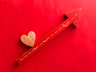 Red background with an arrow directing a heart on a dynamic lifepath, conveying growth, journey, and health