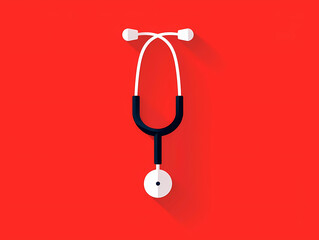 This illustration shows a stethoscope in a minimalist flat design style, conveying concepts of health and medicine with a striking red backdrop