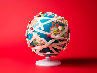 Global health concept illustration: earth globe tightly wrapped in capsules and bandages, depicting medicine and pandemic awareness