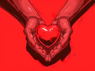 Illustration of caring hands cradling a glossy red heart symbol, representing love, health, and donation Incorporating concepts of medicine and care