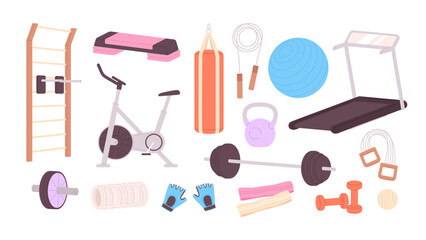 Gym sport equipment. Workout tools and accessories. Fit ball, jump rope, treadmill and dumbbells. Cartoon elements for training racy vector set