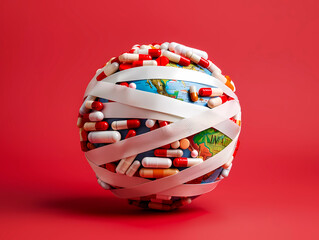 This illustration portrays a world globe wrapped with bandages, overwhelmed with various pills, capturing concepts in global health and medicine