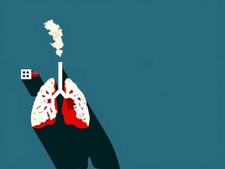 This illustration depicts a pair of lungs with houses and smoke, representing the impact of pollution on health and the importance of clean air in medicine